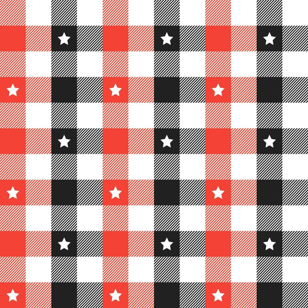 Red and black plaid pattern with star background. plaid pattern background. plaid background. Seamless pattern. for backdrop, decoration, gift wrapping, gingham tablecloth, blanket, tartan. vector