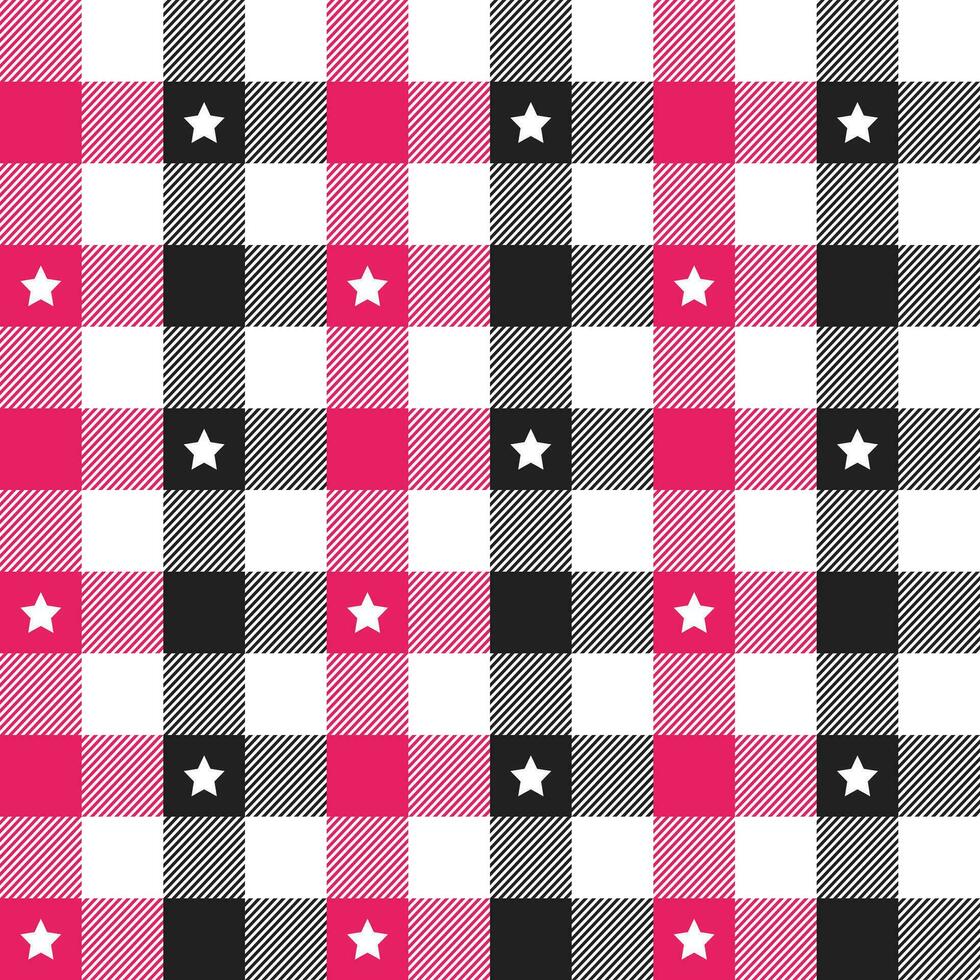 Pink and black plaid pattern with star background. plaid pattern background. plaid background. Seamless pattern. for backdrop, decoration, gift wrapping, gingham tablecloth, blanket, tartan. vector