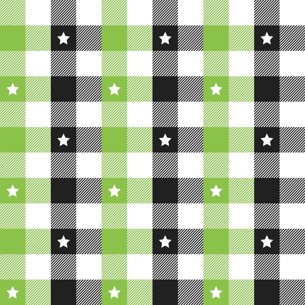 Light green and black plaid pattern with star background. plaid pattern background. plaid background. Seamless pattern. for backdrop, decoration, gift wrapping, gingham tablecloth, blanket, tartan. vector