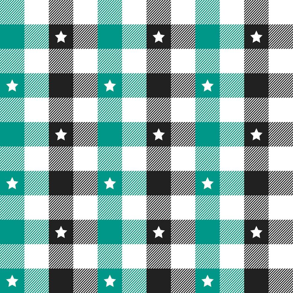 Green and black plaid pattern with star background. plaid pattern background. plaid background. Seamless pattern. for backdrop, decoration, gift wrapping, gingham tablecloth, blanket, tartan. vector