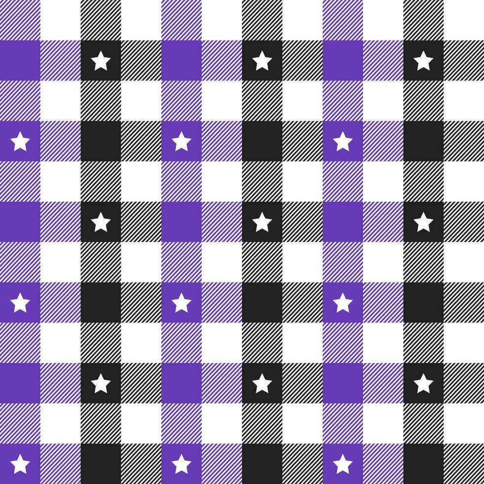 Purple and black plaid pattern with star background. plaid pattern background. plaid background. Seamless pattern. for backdrop, decoration, gift wrapping, gingham tablecloth, blanket, tartan. vector