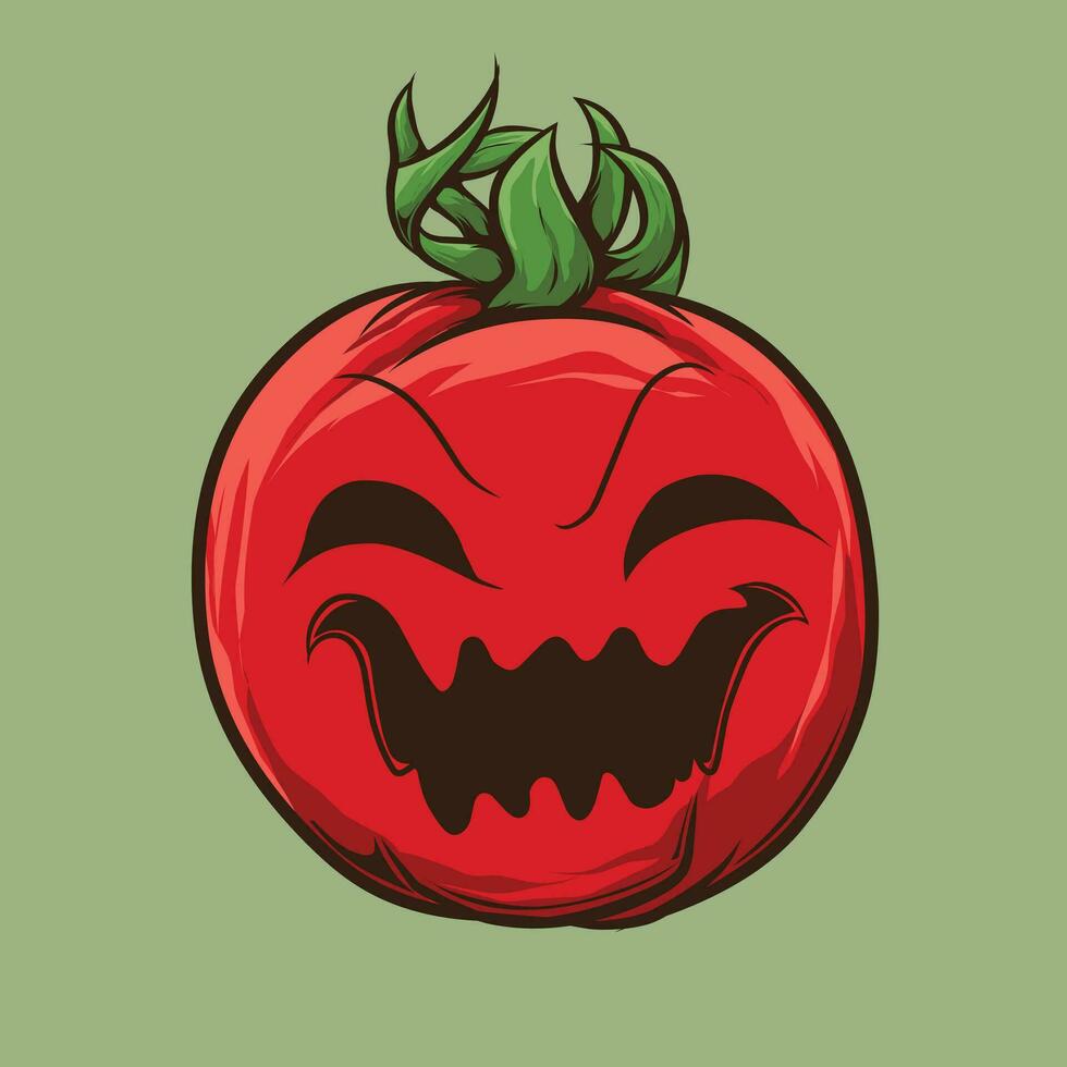 halloween tomatoes set with scary faces and green leaves vector