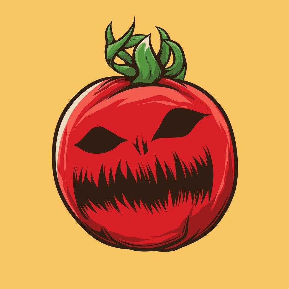Víspera de Todos los Santos Tomates conjunto con de miedo caras y verde hojas vector