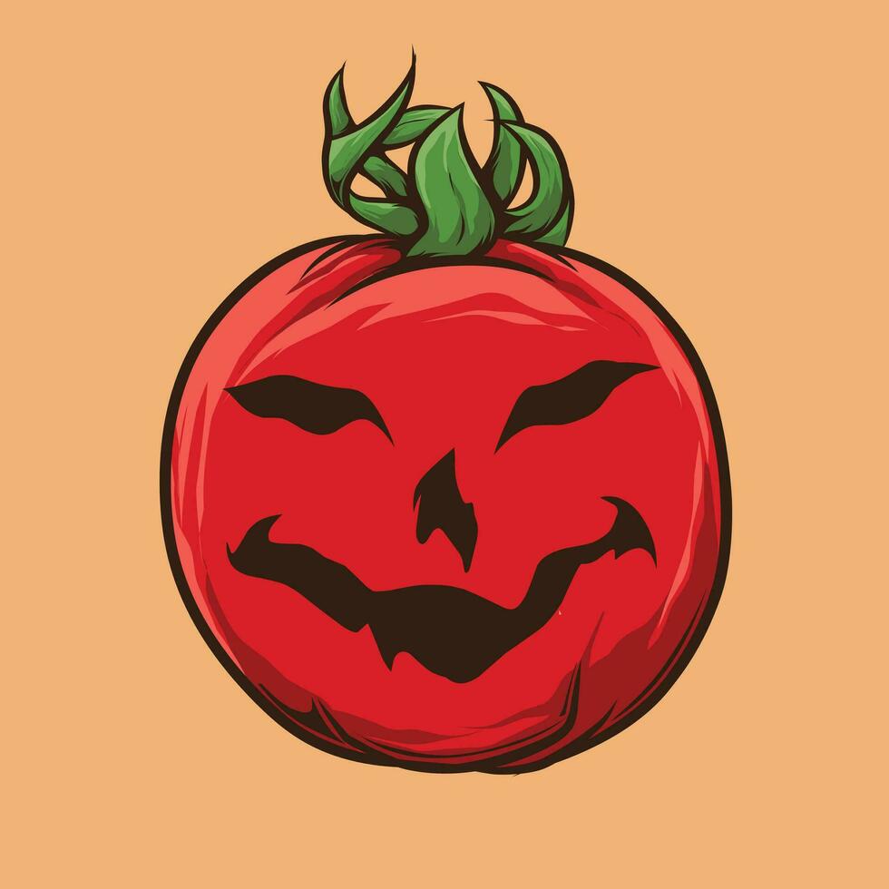 Víspera de Todos los Santos Tomates conjunto con de miedo caras y verde hojas vector