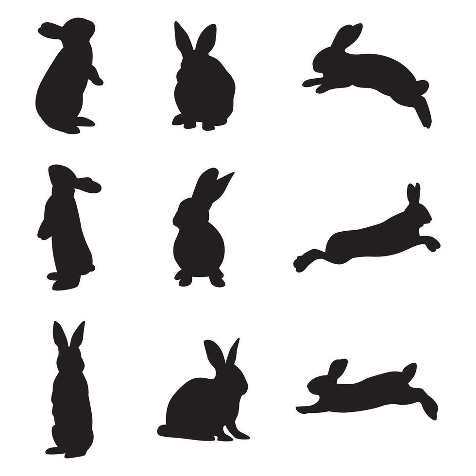 Collection of rabbit silhouettes in various poses. Bunny silhouette vector