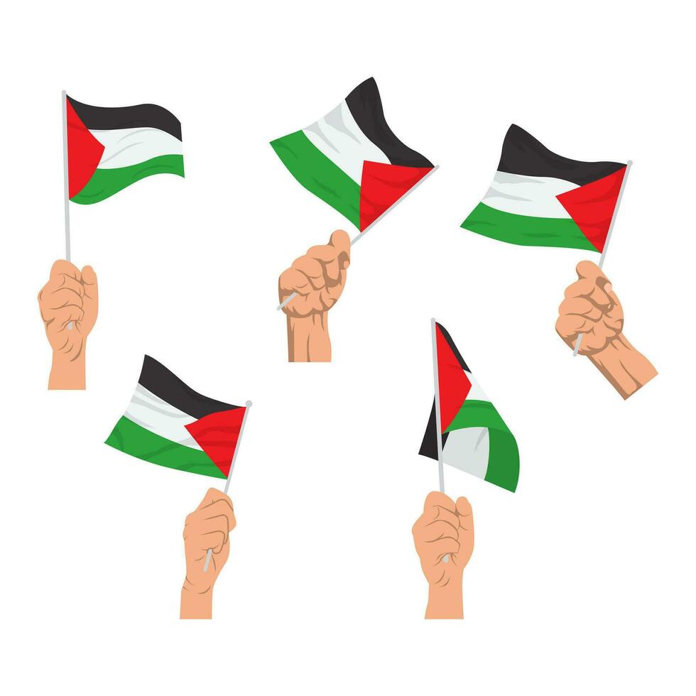 Collection of hands holding Palestine Flag flat design vector