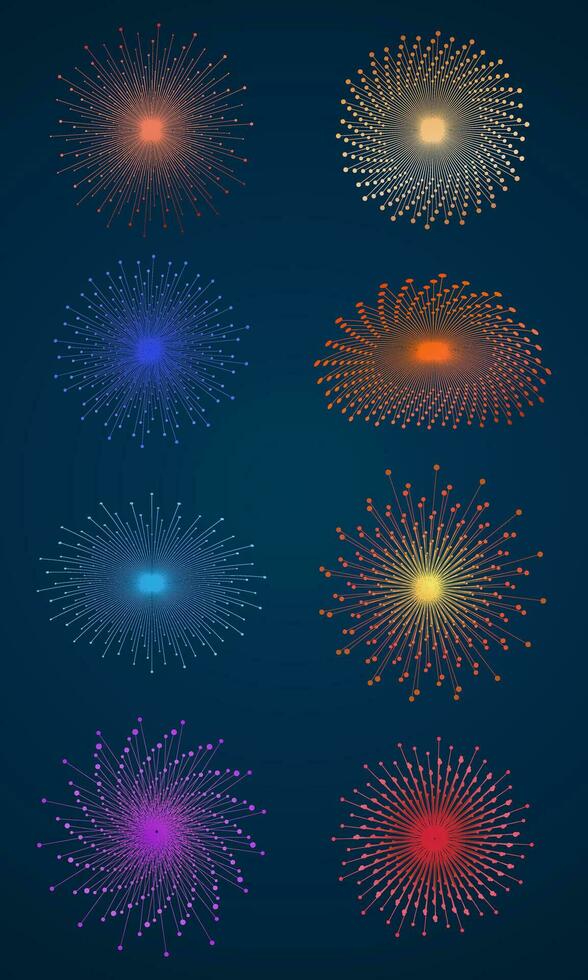 Collection of colorful fireworks. Vector illustration