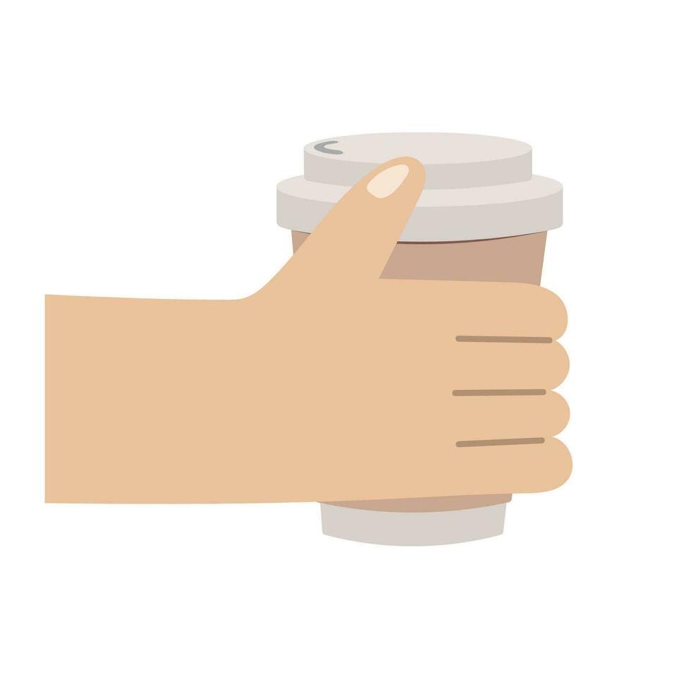 aislado mano con café taza papel envase. tomar lejos caliente bebida con tapa en dibujos animados estilo vector