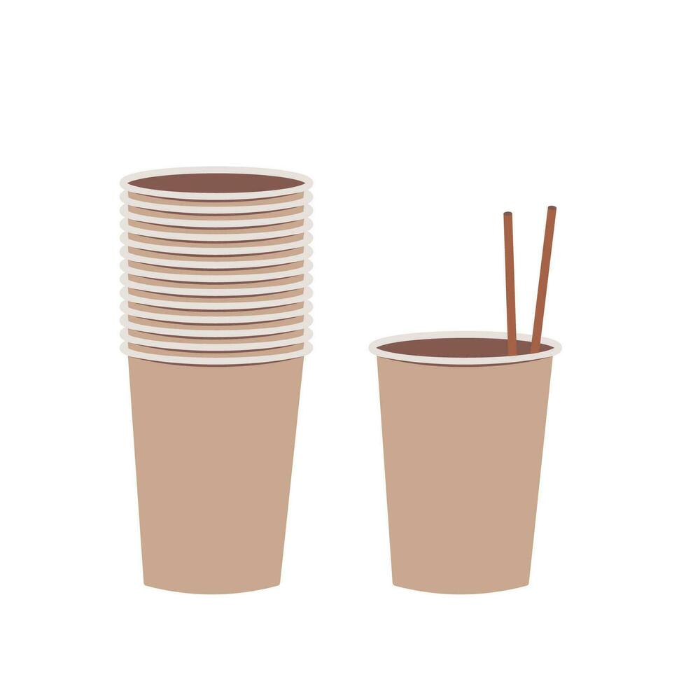 Stack of isolated coffee cups. paper container take away with drinking straw in cartoon style. mock up vector