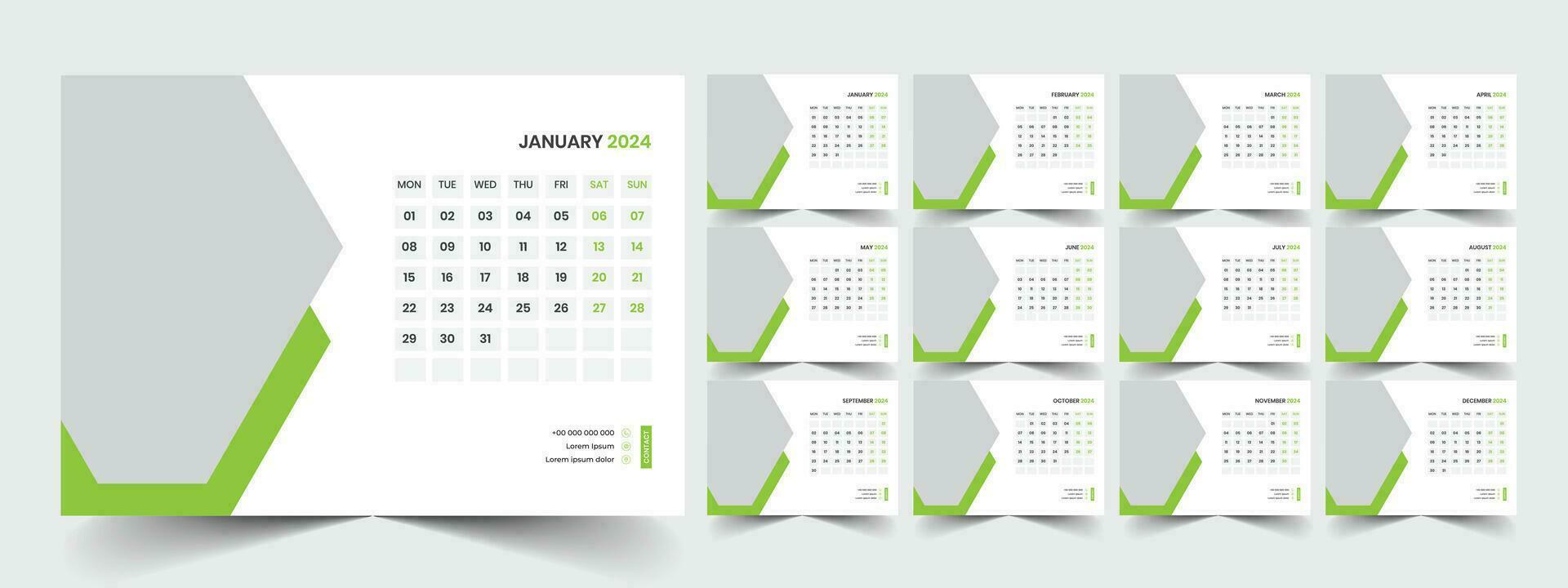 Calendar 2024 planner corporate template design set. Week starts on Monday. template for annual calendar 2024 vector