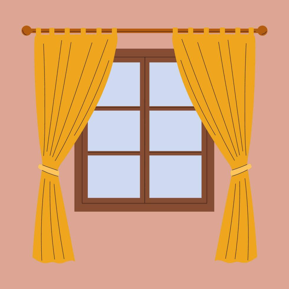 Window and curtains in the room.  House window. Vector flat illustration