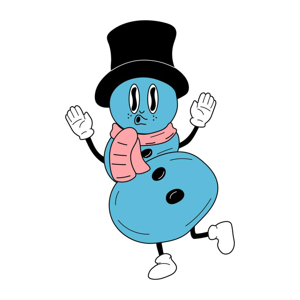 Cute Cartoon Christmas snowman character. Happy and cheerful emotions. Old animation 60s 70s, funny cartoon characters. Trendy illustration in retro style. vector