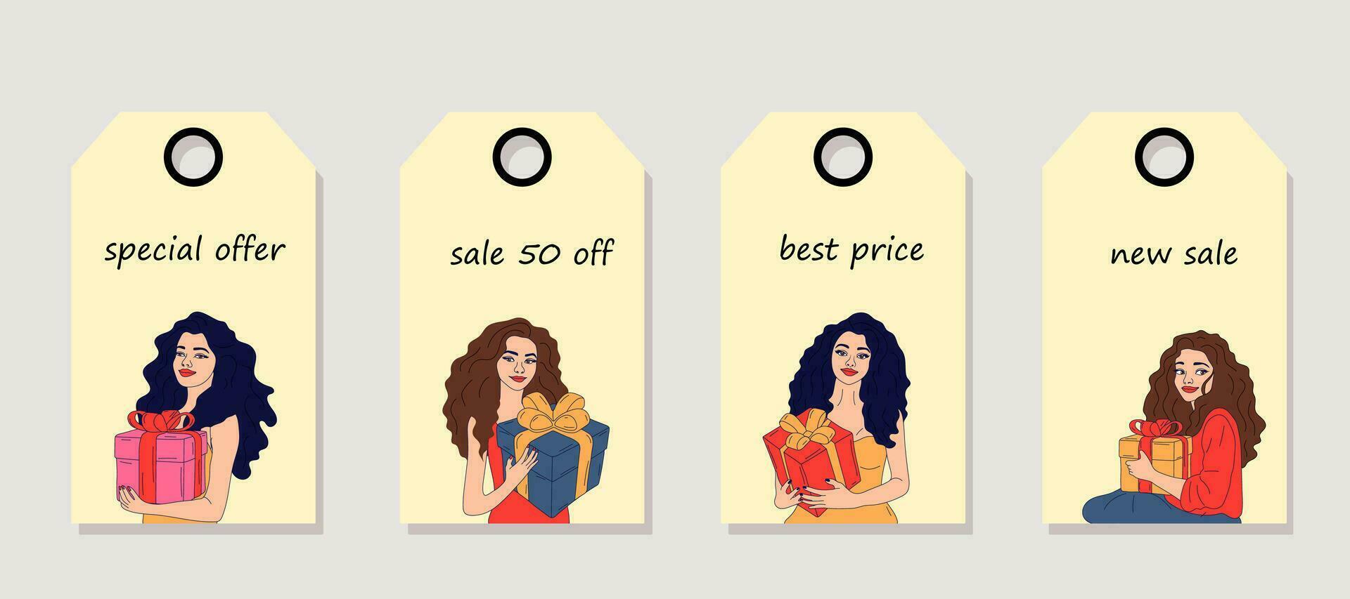 Vector set of discount price tags. Labels with Girls with gift box. Christmas sale.