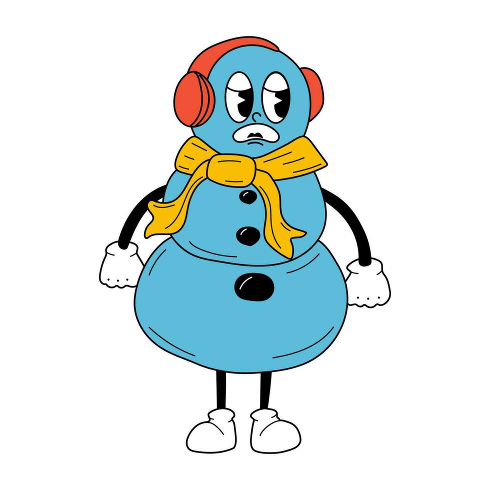 linda dibujos animados Navidad monigote de nieve personaje. contento y alegre emociones antiguo animación 60s años 70, gracioso dibujos animados caracteres. de moda ilustración en retro estilo. vector