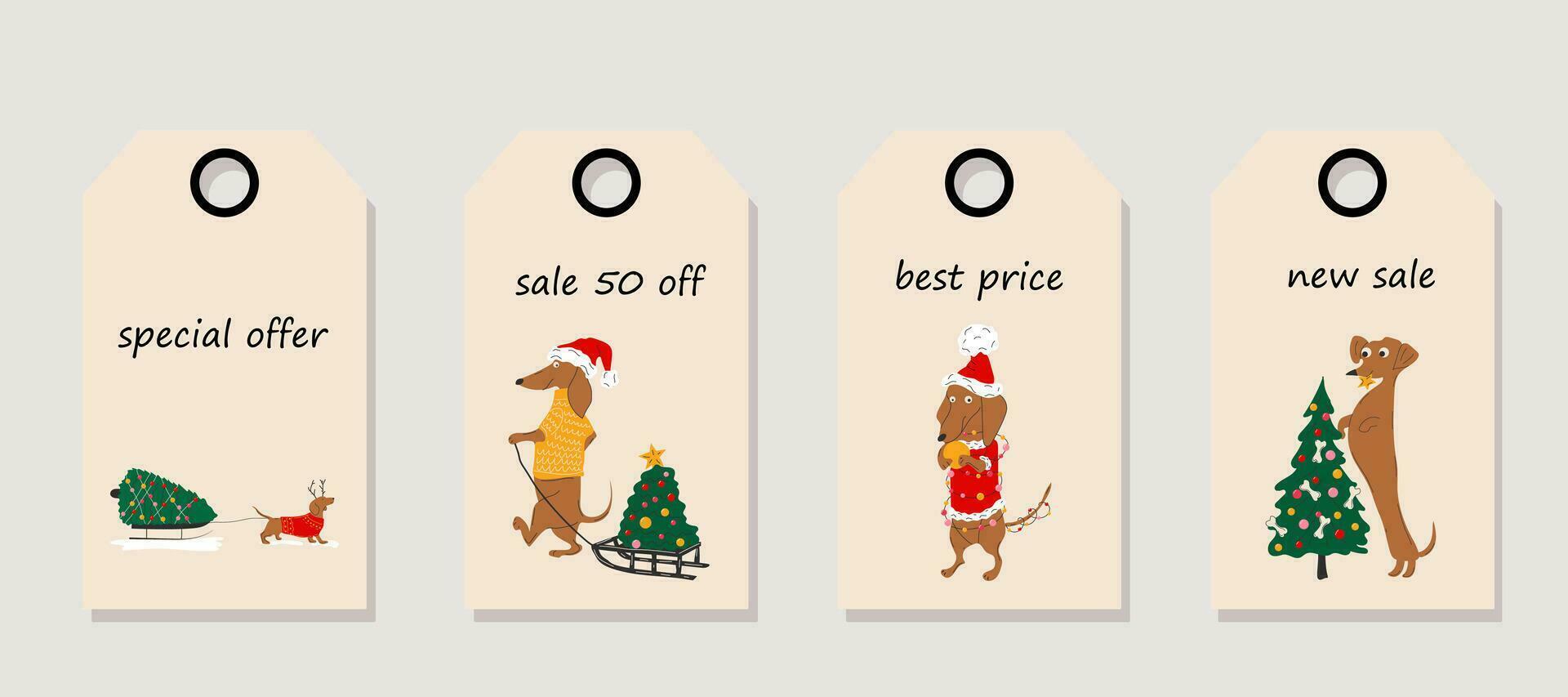 Vector set of discount price tags. Labels with Dachshunds dogs pulls a Christmas tree on a sleigh and decorate Christmas trees. Christmas sale.