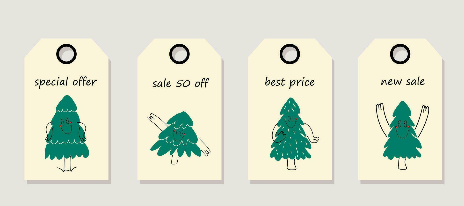 Vector set of discount price tags. Labels with  Christmas tree with face emotions, hands and legs. Christmas sale.