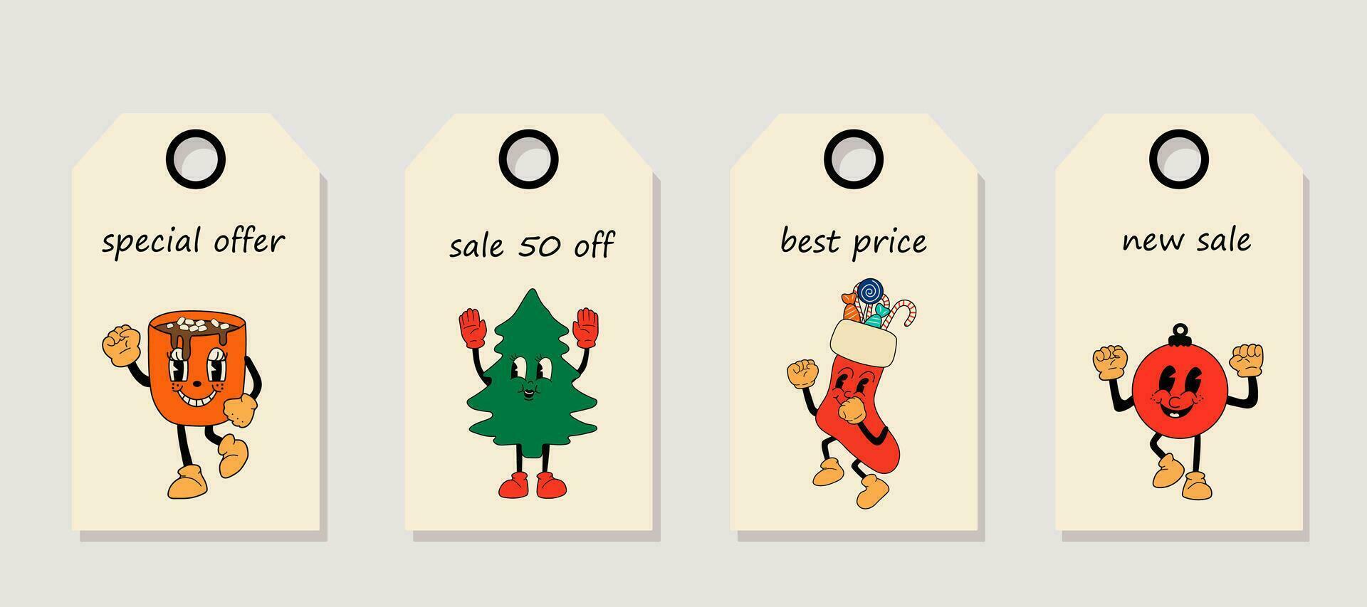 Vector set of discount price tags. Labels with retro collection cartoon mascot characters. Christmas sale.