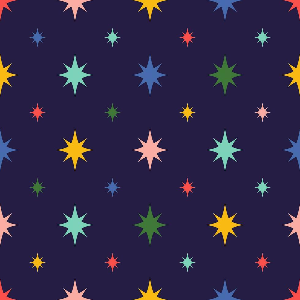 Colorful star seamless pattern on dark blue background. Vector Mid Century Christmas vector repeat print. Bright starburst fabric, wallpaper, textile, surface design, package, wrap paper.