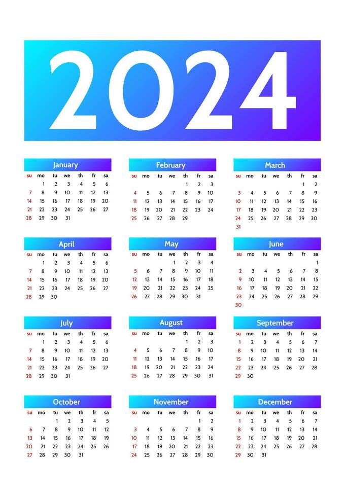 Calendar for 2024 isolated on a white background vector