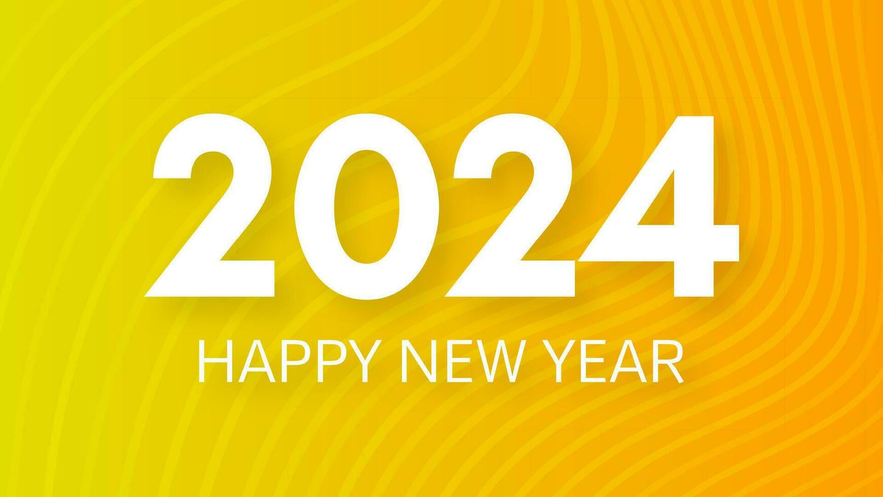 2024 Happy New Year background.  Modern greeting banner template with white 2024 New Year numbers on yellow abstract background with lines. Vector illustration