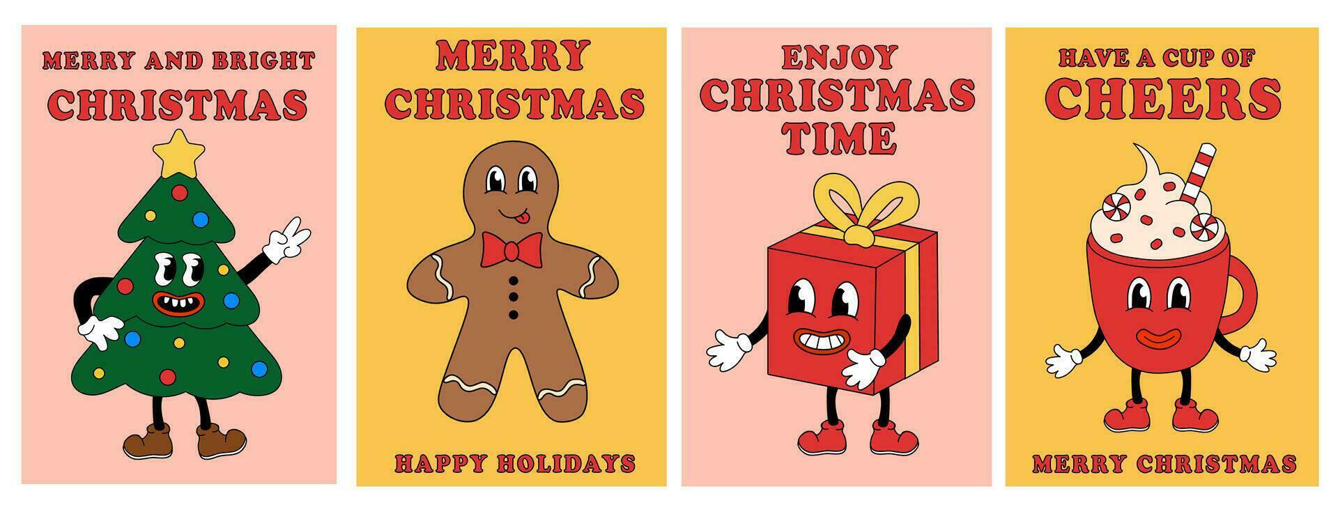 Merry Christmas Groovy Card Set. Christmas tree, Gingerbread Man, Gift Box, Cup in retro cartoon style. Greeting cards, template, posters, prints, party invitations and backgrounds. Vector flat.