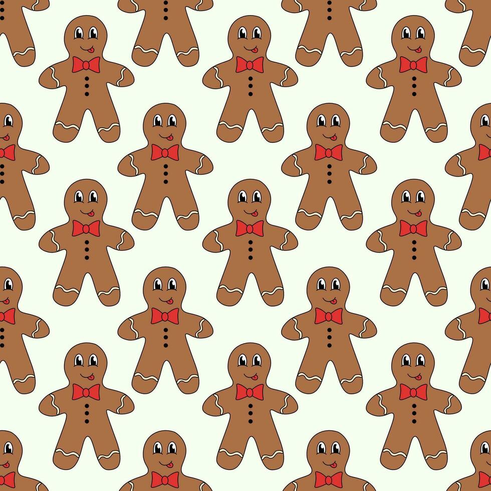 Retro 70s 60s 80s Hippie Groovy Christmas Winter Pattern with Gingerbread Cookie Man. Vector flat illustration.