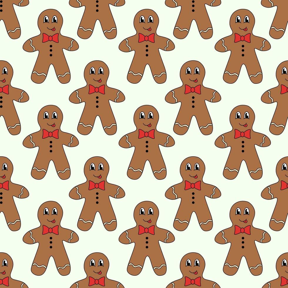 Retro 70s 60s 80s Hippie Groovy Christmas Winter Pattern with Gingerbread Cookie Man. Vector flat illustration.