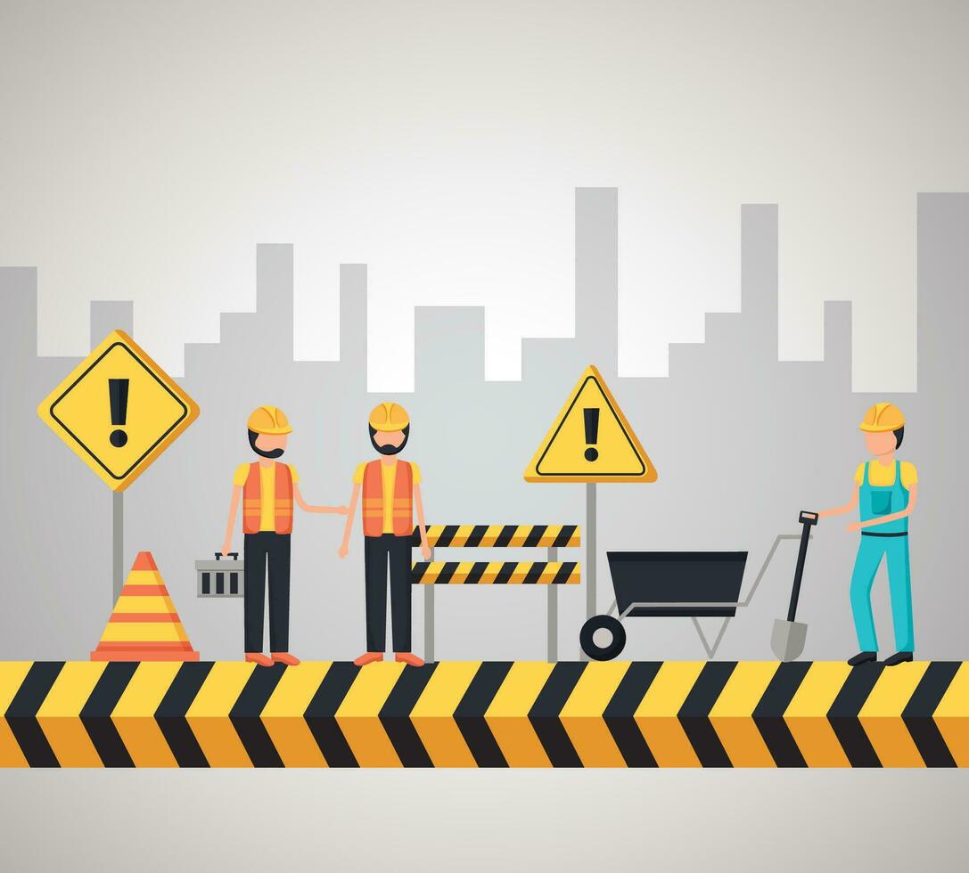 Construction workers on the road with construction equipment vector