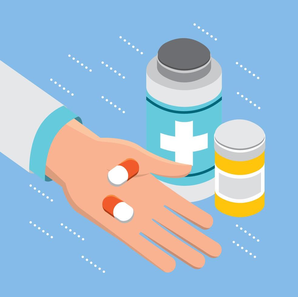 A hand holding pills and a bottle of medicine vector