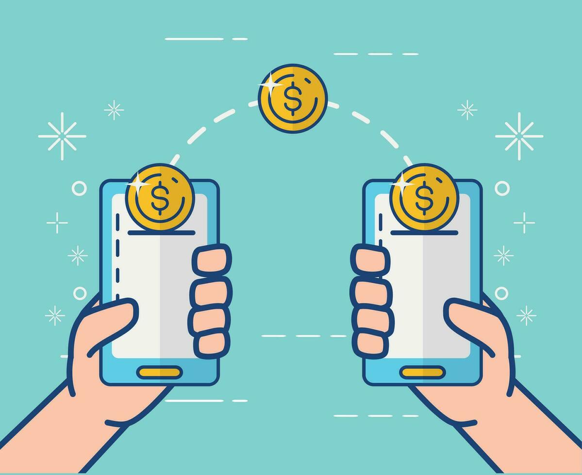 Two hands holding smartphones with money coming out of them vector