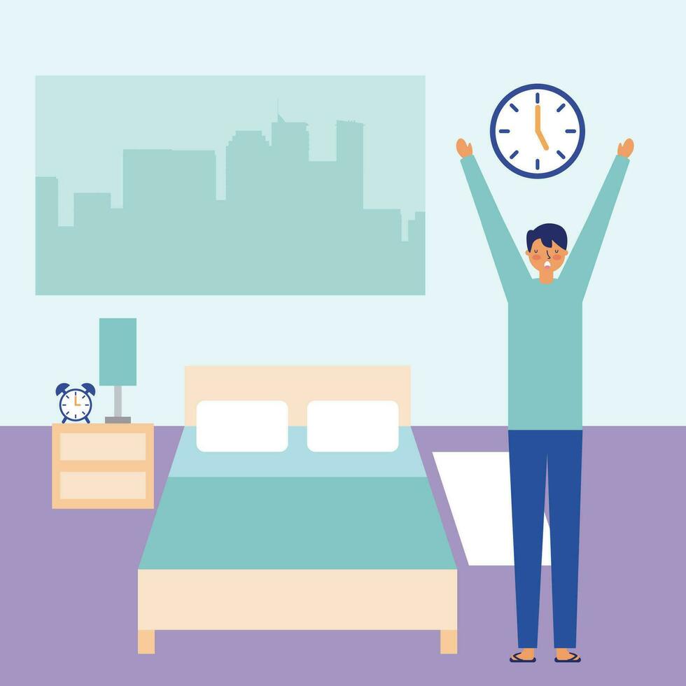 Man waking up in the morning, with a clock on the wall vector
