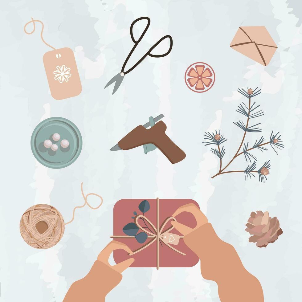 Flat design DIY creative workshop. Vector illustration. view of the table with hands, work on handmade hobbies, business. Isollated white background.