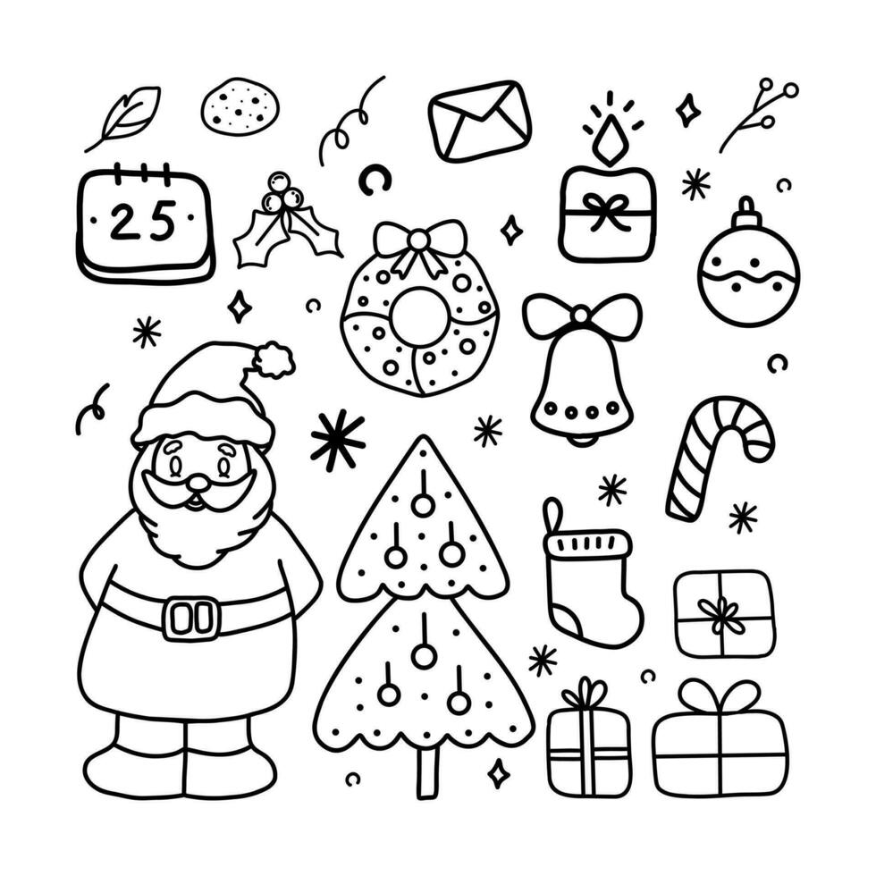 Set of elements for Christmas. Vector elements in doodle style.  Wreath, candle, gift box, Santa Claus, tree, candy cane, cookie, snowflake, calendar, bell.