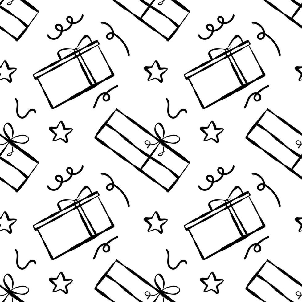 Seamless pattern with Christmas birthday doodle gift boxes. Wrapping paper pattern, bows and ribbons. vector
