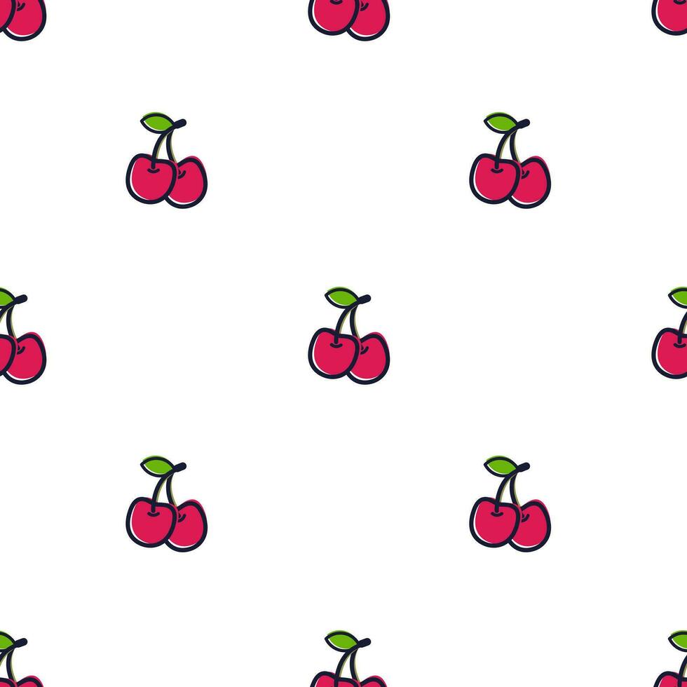 Cherry seamless pattern on white background. Red ripe berries and green leaves. Vector illustration in cartoon flat style.