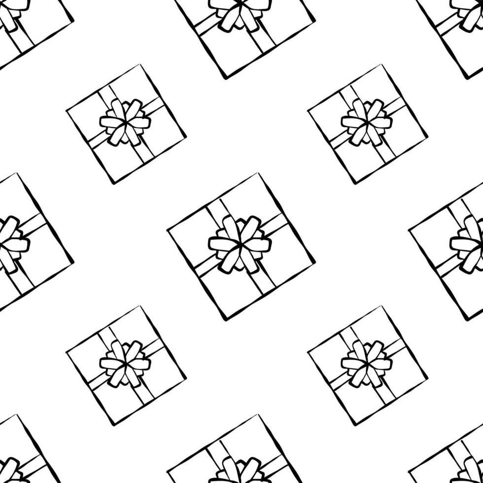 Seamless pattern with Christmas birthday doodle gift boxes. Wrapping paper pattern, bows and ribbons. vector