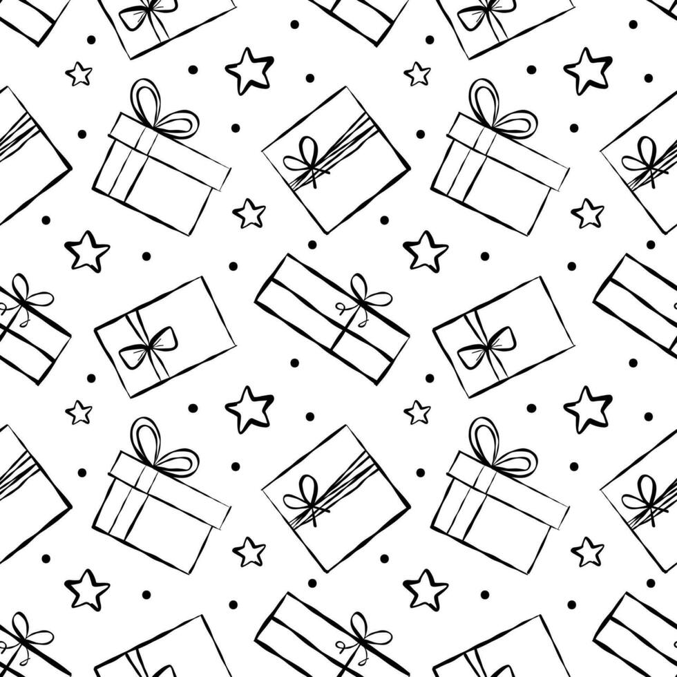 Seamless pattern with Christmas birthday doodle gift boxes. Wrapping paper pattern, with bow and ribbons. Vector illustration.