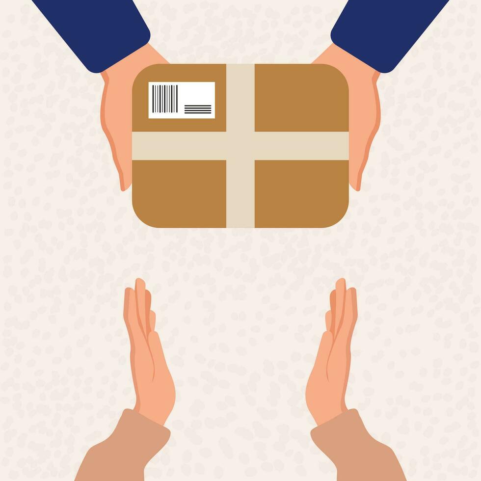 Logistics composition for the supply chain and delivery service concepts. Hands holding a package on a beige background. The illustration is flat. Isolated. Top view. vector