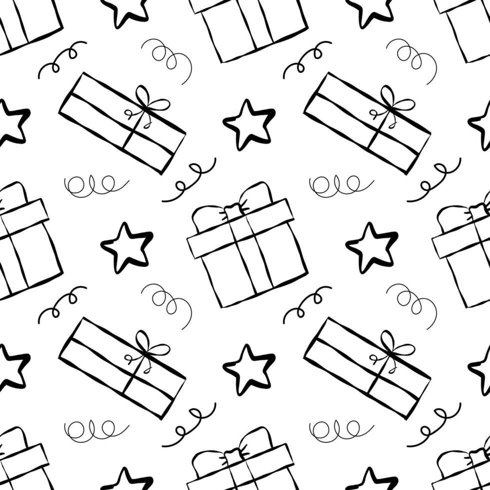 Seamless pattern with Christmas birthday doodle gift boxes. Wrapping paper pattern, bows and ribbons. vector