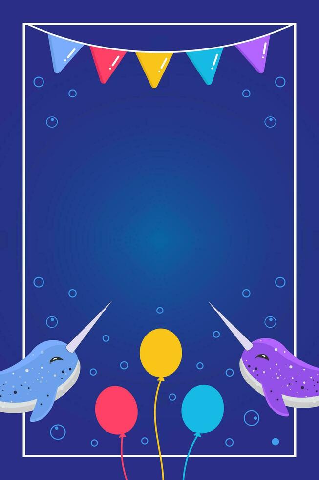Cute cartoon card. With dolphins, garlands, bubble and balloons underwater. Blue color. vector