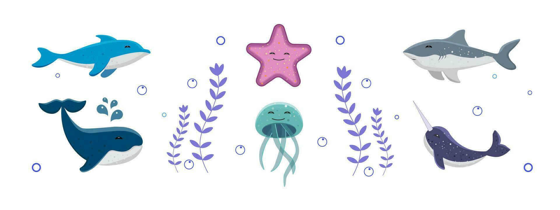 conjunto de mar animales vector. aislado en blanco antecedentes. infantil estilo. vector