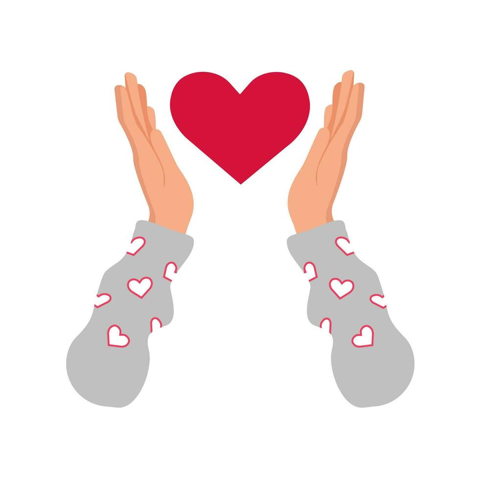 Heart in hands. Shape of heart in human hand. Valentine's day. Isolated on white background.  Flat  Design. vector