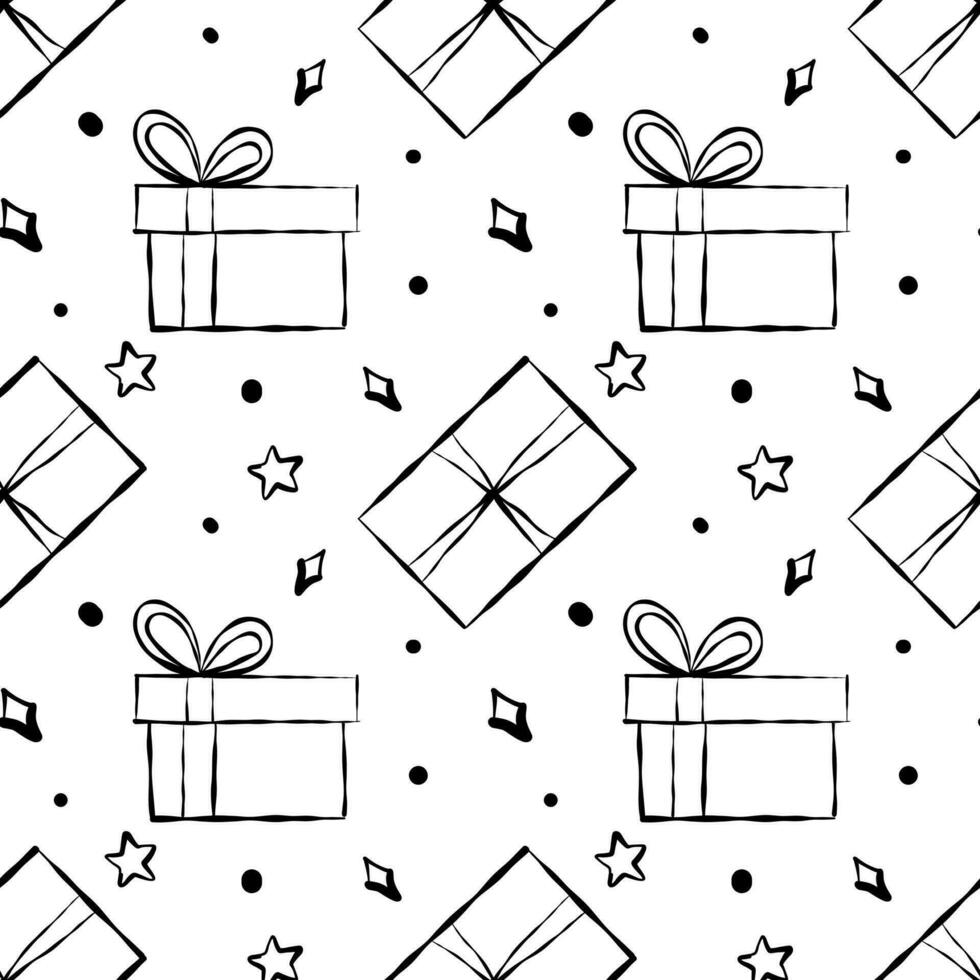 Seamless pattern with Christmas birthday doodle gift boxes. Wrapping paper pattern, bows and ribbons. vector