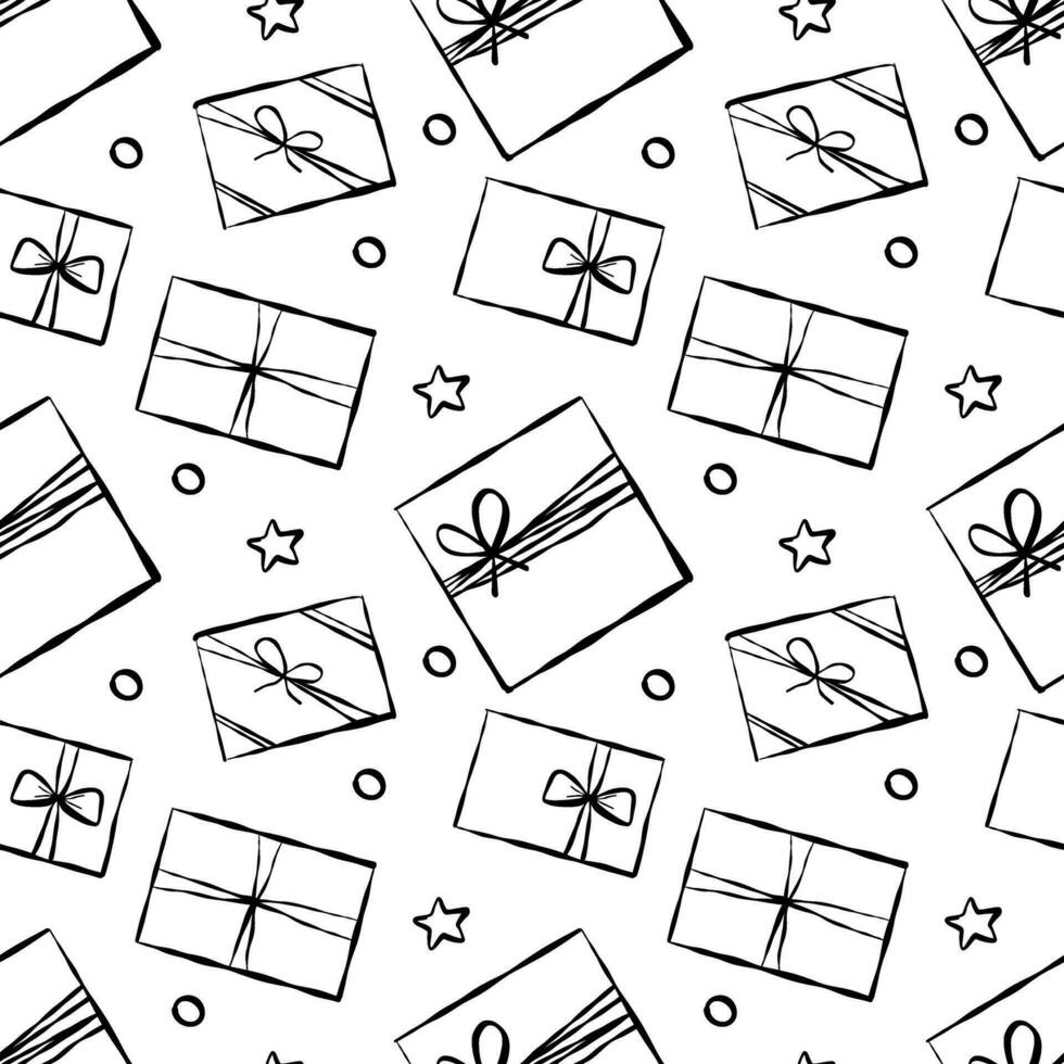 Seamless pattern with Christmas birthday doodle gift boxes. Wrapping paper pattern, bows and ribbons. vector