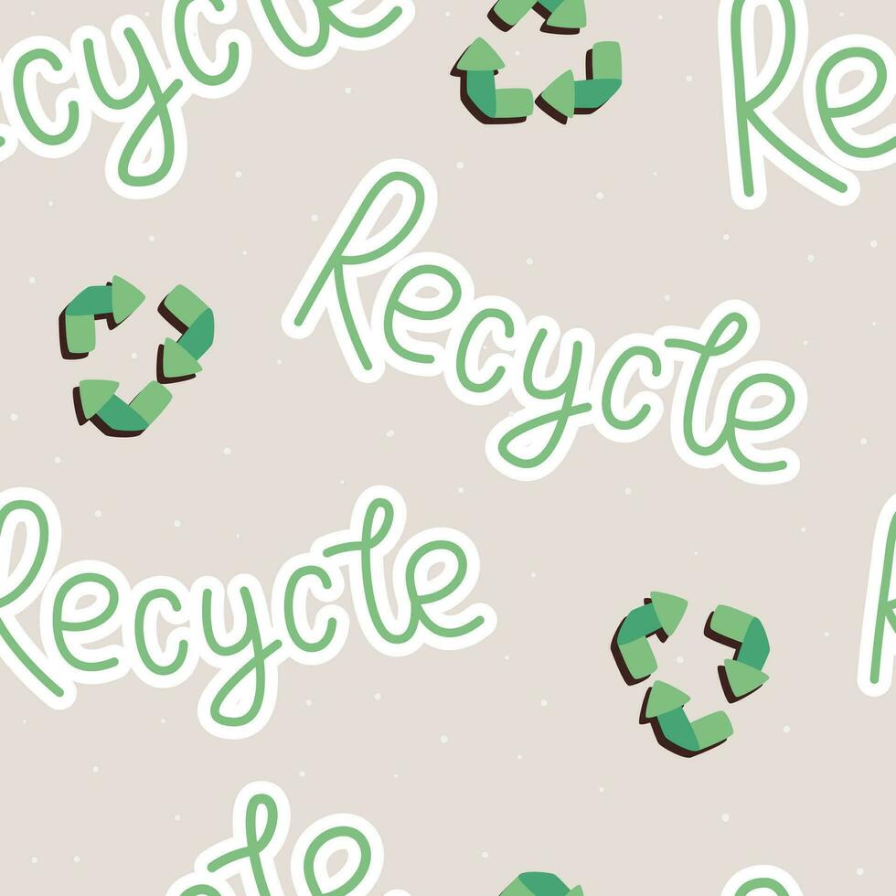 Vector seamless pattern with green Recycle sign and lettering.
