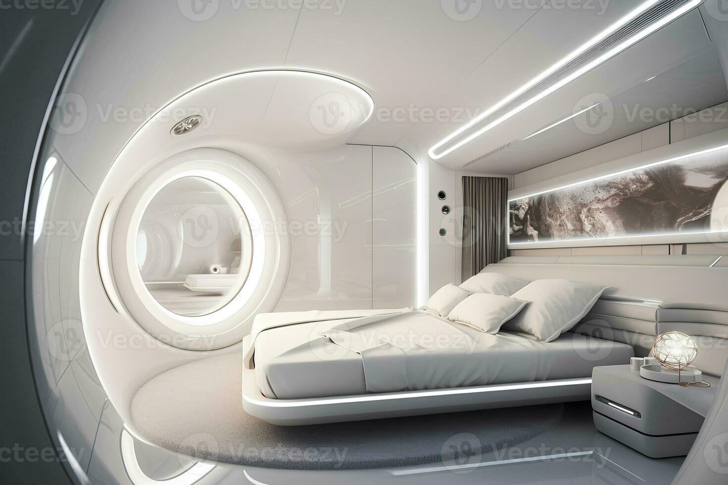 Luxuriously decorated futuristic bedroom. Photorealistic image. Bright natural lighting. AI generated illustration. photo