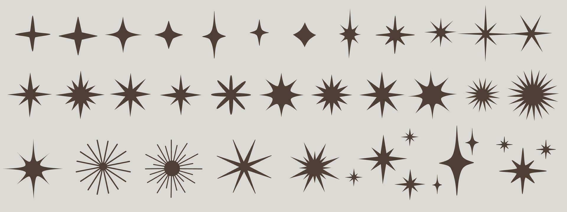 Retro futuristic sparkle icons collection. Set of star shapes. Templates for design, posters, projects, banners, logo, and business cards. Abstract cool shine effect sign vector design.