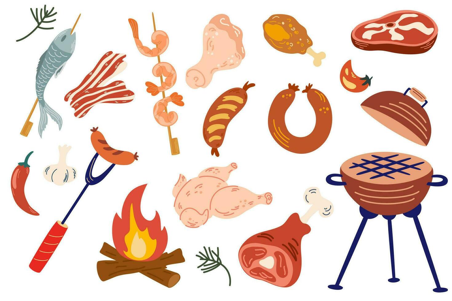 parilla herramienta y carne colocar. carne filetes, pollo, salchichas, A la parrilla, hoguera, camarón, ajo, pimienta. vector barbacoa colección parrilla equipo en mano dibujado estilo