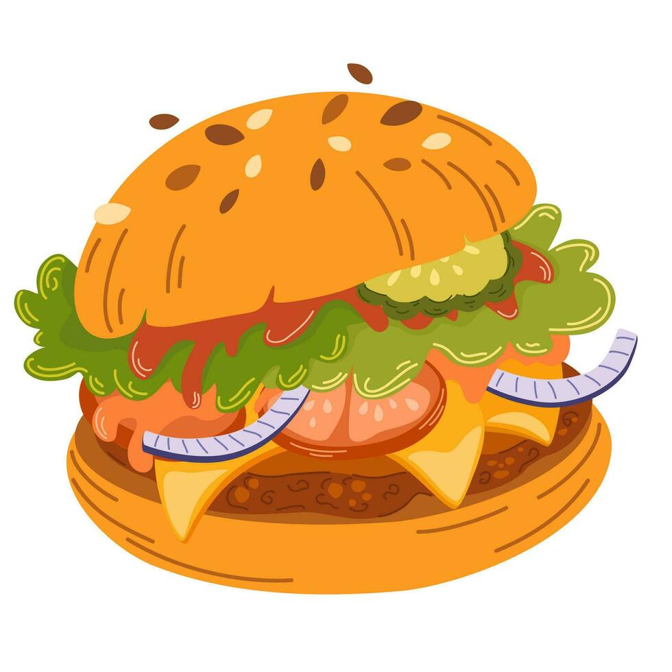 Cartoon Burger with lettuce, onions, sesame, tomato and cheese. Fast food, fatty food. Hand Drawn Hamburger Vector illustration isolated on white background