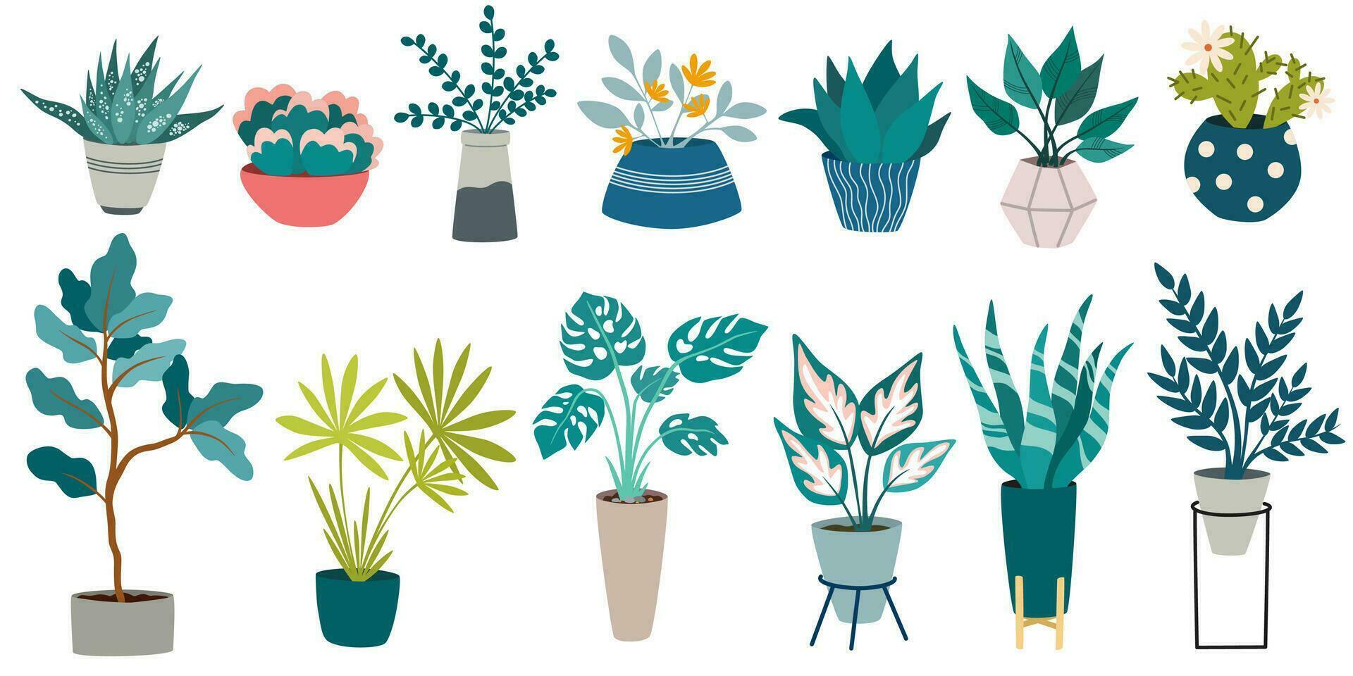 House plants, Urban jungle, fashionable home decor with plants, cacti, tropical leaves in stylish pots and pots. Flat vector illustration isolated on white background